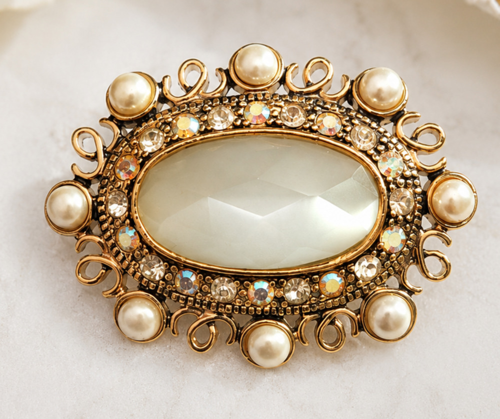 Vintage Monet Brooch Faux Pearl AB Rhinestone Iridescent Oval Gold Tone Signed